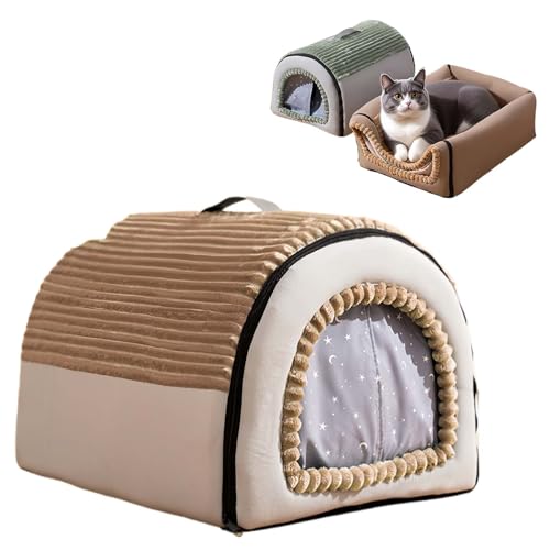 猫 ベッド 冬 猫ハウス 室内 屋外 ふわふわ もこもこ 寒さ対策 保温 防寒 360°全周囲風防止 暖かい 寝床 小型犬用 猫寝床滑り止め付き ペット用寝袋 複数の寸法オプション (ブラウン,M)