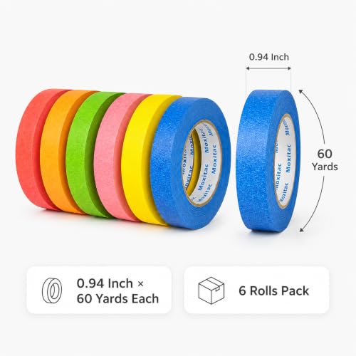 Image of Colored Masking Tape Vibrant Rainbow Color Teacher Craft Tape, Painter's Tape, Great for Art, Lab, DIY Projects, Labeling & Classroom Decorations (6 Pack, Multi-Color, 0.94 Inch x 60yds)