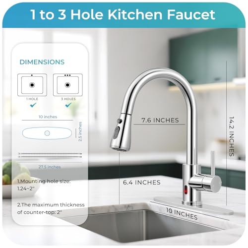 Image of Touchless Kitchen Faucet with Pull Down Sprayer - Polished Chrome Single Handle Kitchen Faucets, High Arc Stainless Steel Pull Out Kitchen Sink Faucet with Deck for RV Laundry Farmhouse Bar