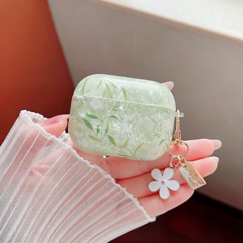 Image of MINSCOSE for Cute Glitter AirPods Pro 2nd /1st Generation Case,Shell Pattern Pretty Flower Design with Girly Floral Keychain,Soft TPU Protective Cover with Cleaner Kit for AirPods Pro /Pro 2-Green1