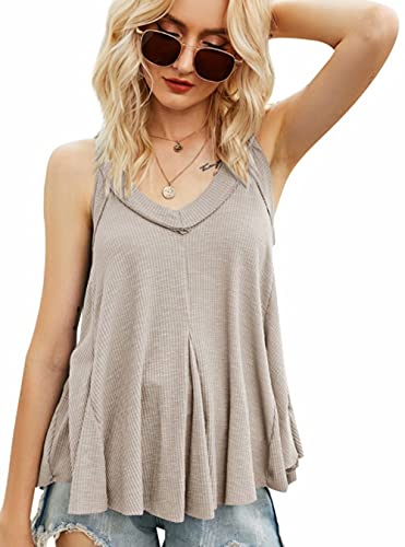 Mintsnow Women V-Neck Loose Fit Tee TopsBlouses Summer Sleeveless Asymmetrical Basic Tee Shirts Casual Cami Tank Tops Coffee L
