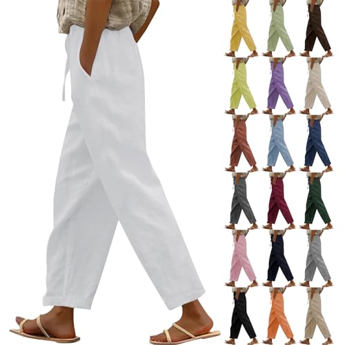 goeamcru Womens Linen Trousers Elasticated Waist Solid Color Crop...