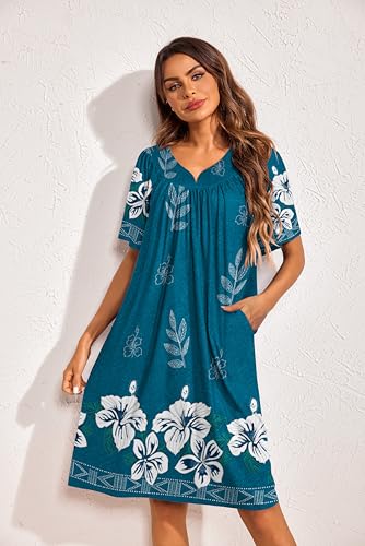 Image of Ekouaer 2 Pack House Dresses for Women with Pockets Short Sleeve Moo Moos Floral Print Mumu Dresses