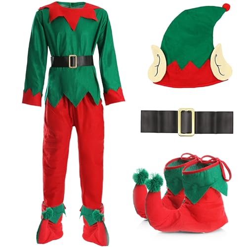 I Love FANCY DRESS LTD - Disfraz de Elfo para hombre, 5 piezas, con una chaqueta + un pantalón + un cinturón + un gorro de orejas + zapatos para adulto, ideal para fiestas de Navidad (grande)