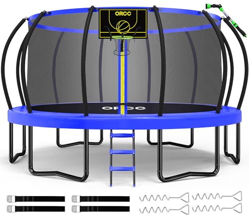 ORCC 1300LBS Weight Capacity Trampoline 16 15 14 12 10 8FT with Basketball Hoop Water Sprinkler Spiral Ground Stakes Outdoor Yard Trampolines for Kids Adults