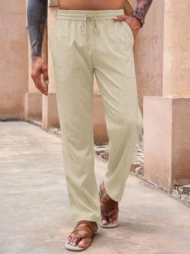Runcati Mens Casual Pants Drawstring Elastic Waist Lightweight Linen Pants Loose Fit Straight Legs Beach Trousers2