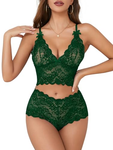 Image of Lilosy Sexy Lingerie for Women Lace Pajamas Set Cami Bra and Panty High Waist Sheer Sleepwear 2 Piece 2XS-6XL