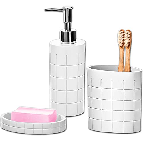 Weiß Badezimmer Zubehör Set - Dekoratives 3-teiliges Badezimmer Zubehör Set mit Seifenspender, Zahnbürstenhalter und Seifenschale - Rostfreies Badezimmer Zubehör Set (Polar Collection) Cover