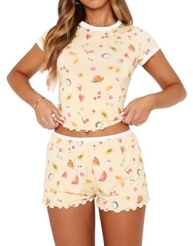 Image of Lacozy Lounge Sets for women 2 Piece Cute Pajama Set Summer Fruit Graphic Crop Top and Shorts Y2K Pjs Set Sleepwear XL