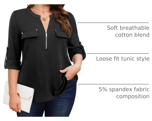 Image of Bulotus 3 /4 Length Sleeve Womens Striped Tops Zipper V Neck Collared Blouses Business Casual Tunics 2026 Spring Trendy