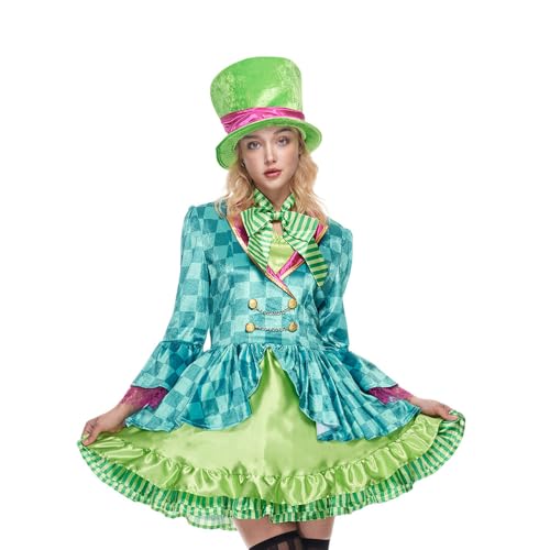 EraSpooky Erwachsene Frauen Hutmacher Kostüm Mad Tea Party Halloween Cosplay mit Bowtie Zylinder Size S