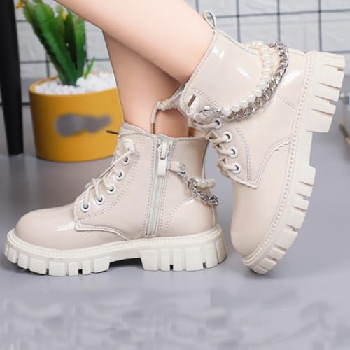 Girls Ankle Boots Solid Lace Up Combat Boot Side Zipper Comfortable Pearl Metal Decoration Non-Slip Short Boots4