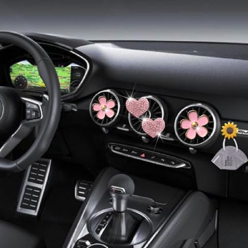 Image of 4 Pcs Pink Heart & Flower Pandent Air Vent Clips,Bling Heart and Flower Air Fresheners Vents Clips Diamond Car Interior Decor Bling Cute Car Accessories Decoration for Women+ Sunflower Mask Hook