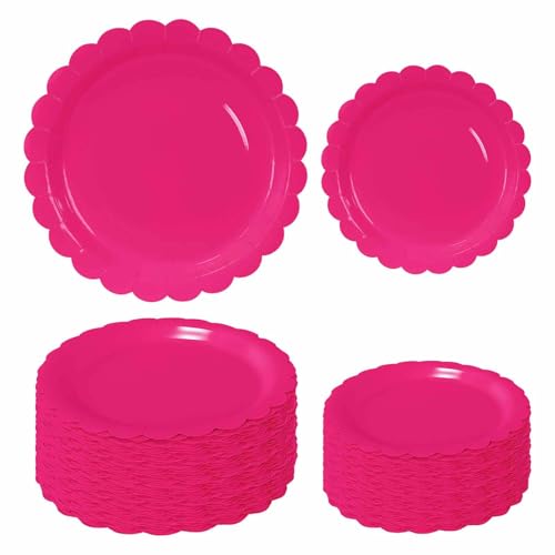 FALIZIFU 50 Pcs Hot Pink Scalloped Paper Plates 25 7 and 25 9 Disposable Hot Pink Scalloped Dinner Plates for Wedding Baby Shower Birthday Party Disposable Dessert Plate