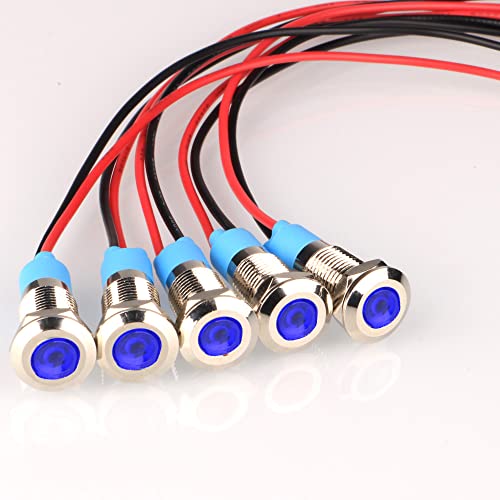 Gebildet 5pcs 8mm AC/DC 12-24V LED Luz Indicadora de Metal Impermeable láMpara de Señal Piloto Tablero Direccional con Cable(Azul)