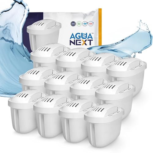 Aqua Next Wasserfilter Kartuschen Satz mit 12 Stück | Wasserfilterkartuschen Reduziert Chlor & Kalk | Reineres Wasser | Aktivkohle & Ionenaustauscher | BPA-frei