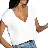 Komiseup T-Shirt Damen Kurzarm Einfarbig Sommer Tops Locker Shirt Bluse Damen Sexy V-Ausschnitt Loose Rückenfrei Oberteile Modisch Tunika Tops Elegant Sommershirts