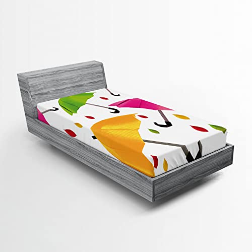 Ambesonne Colorful 2 Pack Fitted Sheet, Colorful Umbrellas Leaf, Bed Cover All-Round Elastic Deep Pockets 2 Pieces, Package Contains 2 Twin XL Size Fitted Sheets, Pink Yellow