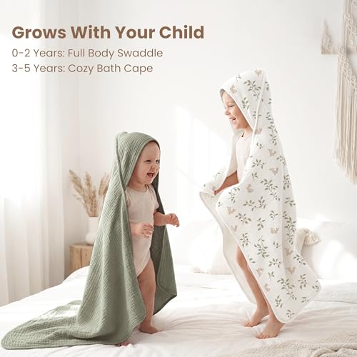 Image of Konssy 2-Pack Muslin Hooded Baby Towels, 100% Cotton, Ultra-Soft & Absorbent Baby Bath Towels with Hood for Newborn & Infant (Fog Green, Sprout, 32 inch x 32 inch)
