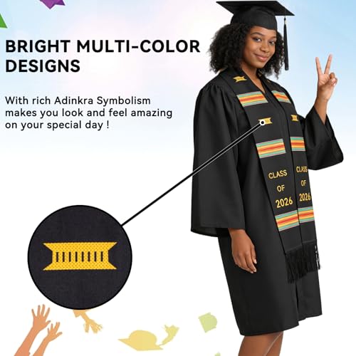 Image of Graduation Kente Stole CLASS OF 2026 Graduation Ghanaian Style Black Sash African Grad Stole for College Unisex Celebrate