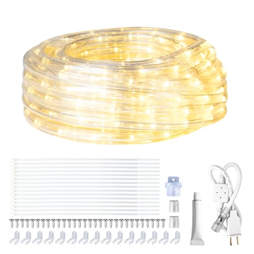 SURNIE LED Rope Lights Outdoor Warm White, Waterproof 25FT Cuttable 3000K Soft Lighting Indoor 110V Flexible Clear Tube for Bedroom Outside Garden Deck Patio Camping Decor, Not Flat Strip