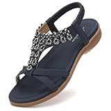 Littleplum Womens Flat Sandals Arch Support Dressy Slide Sandals Slingback Rhinestone Summer Shoes for Vacation Beach Casual Dark Blue Size 8