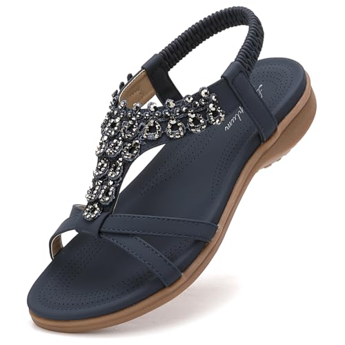 Image of Littleplum Womens Sandals Arch Support Slingback Rhinestone Dressy Sandals Comfort Summer Shoes Ankle Strap Elastic Flats for Beach Walking