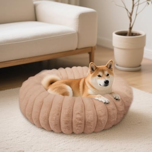 Vhen When Donut Dog and Cat Bed, Luxurious Comfortable Faux Rabbit Fur Pet Beds, Round Anti-Anxiety Calming Puppy Kitten Bed with Anti-Slip Bottom for Small Medium Dogs & Cats(23