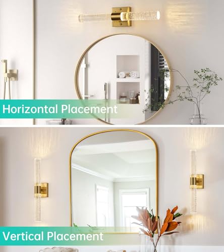 Image of Modern Crystal Wall Sconce Set of 2, Dimmable LED Bathroom Vanity Light ing Fixtures, with Remote Control, Bubble Cylindrical Wall Lights for Bathroom Bedroom Living Room Hallway,Brass