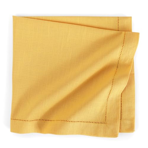 Image of FINGERCRAFT Hemstitched Cotton Table Napkins - Set of 6, 20x20 Inch, 100% Cotton Cloth Napkins with Faggoting Stitching - Durable & Elegant for Parties, Everyday Use (Yellow Slub)