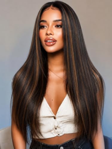 Image of KLAIYI Bye Bye Slip Golden Brown Highlight Glueless Yaki Straight Precut 7x5 Lace Front Wigs Human Hair Drawstring Ombre Pre Plucked Bleached Knots 30S Ready to Wear and Go Wig with Dark Roots 20Inch