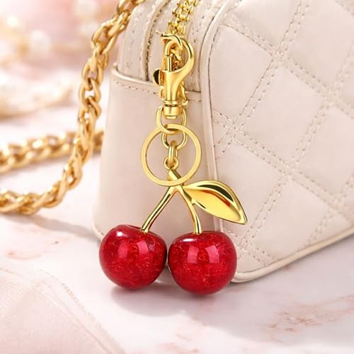 Image of Cherry Keychain with Gold-Tone Keyring and Safety Snap Hook, Red Cherry Charm Design