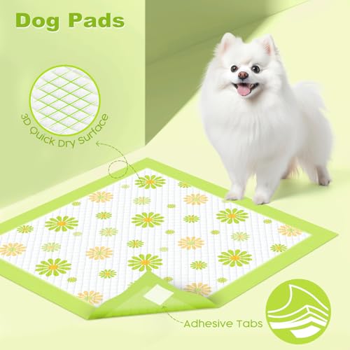 Image of MIZOK Puppy Pads 100 Counts 22 inchx22 inch , Dog Pee Pads 6-Layer Super Absorbent & Leak-Proof, Daisy Pattern, 4-Corner Adhesive Tabs, Wee Wee Pads for Puppies & Small Dog Breeds