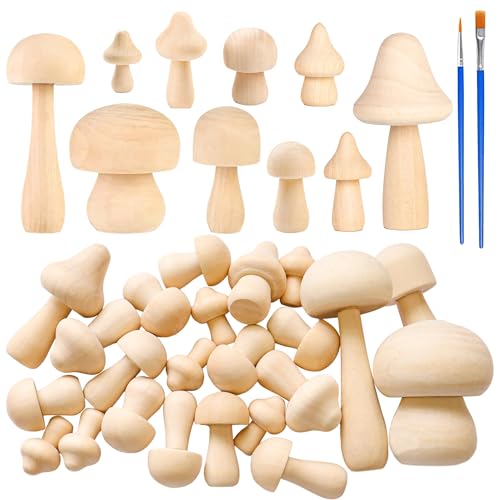YHNTGB 52 Pcs Unfinished Wooden Mushroom 2 Paint Brush 10