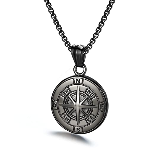 Azfvbql Compass Necklace For Men Chain Stainless Steel Compass Pendants Male Jewelry (Black-Compass-21.6In Chain) #TOP4