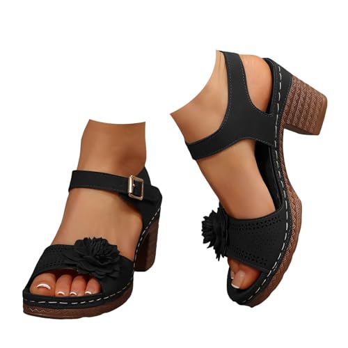 Women's Platform Wedge Sandals Solid Color One Strap Casual Hollow Out Floral Decor Chunky Heeled Sandals Stylish Lightweight Platform Wedge Sandals Summer Fashion Footwear (Black, 6)