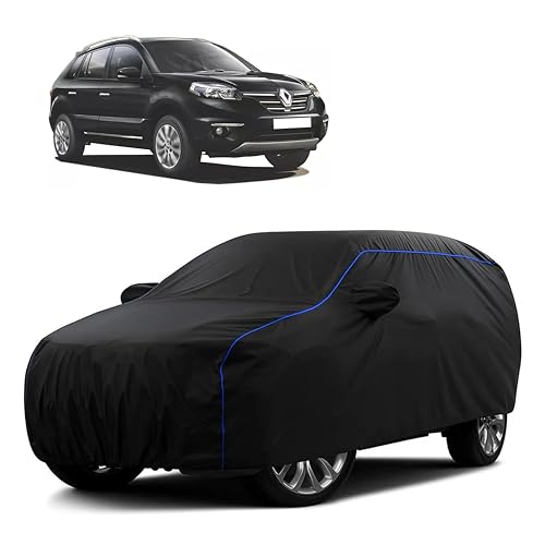 Image of Sulfar 100% Water Resistant Car Body Cover Compatible with Mirror for Renault Koleos (Triple Stitched, Full Bottom Elastic, Black Tafetta with Blue Piping)