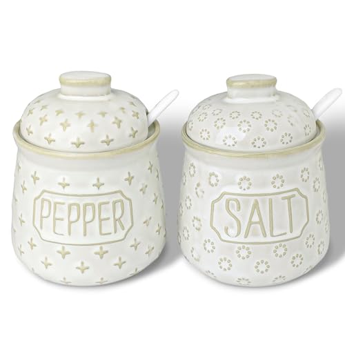 GDCZ 10 Oz Ceramic Salt and Pepper Bowls Set with Lid and Spoons (White)