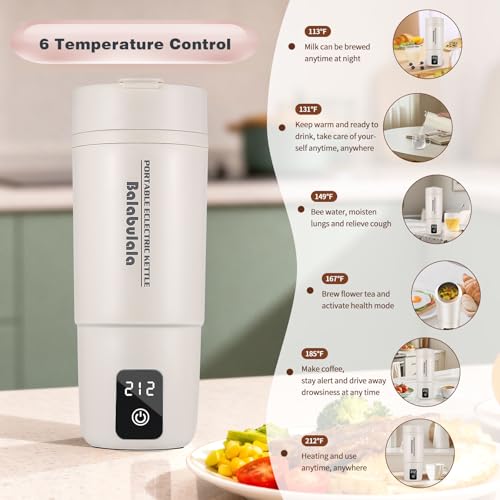 Image of Travel Electric Kettle, Balabulala Portable Water Boiler with 6 Variable Presets,Small Electric Kettle with Keep Warm Temperature Controls & Boil Dry Protection, 14oz,White