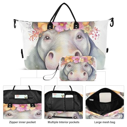 Large Travel Duffel Bag, Yellow Floral Hippo Sport Tote Gym Bag, Shoulder Weekender Overnight Bag for Women Men, Carry On Luggage with Toiletry Bag2