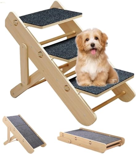 2 in1木製犬用階段/踏み台-折りたたむことができる3段のペット用階段、2つの高さ調節が可能犬・猫用はしごは設置不要です。