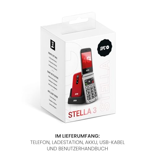 SPC Stella 3-4G Seniorenhandy mit Klappcover | Menü und große Tasten | Notruftaste, Remote-Konfiguration, hörgerätekompatibel und 103dB Lautstärke | Ladestation und 3 Direktspeicher - Rot