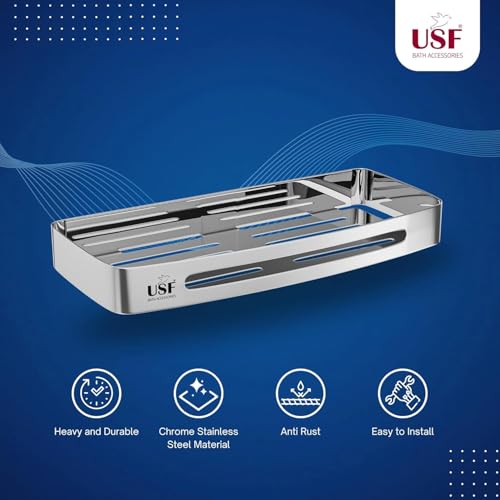 Image of USF Heavy-Duty Stainless Steel Bathroom Wall Mounted Shelf, Round Corner Rack Organizer for Bathroom Utility Accessories,Chrome Finish- Pack of 1