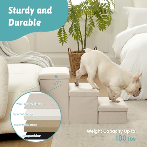 Image of COZY KISS Dog Stairs with Storage, 3-Step Wider Sturdy Dog Steps for Small /Medium /Large Dogs and Older Cats, Folding Doggie Ramp for Bed /Couch Hold Up to 180 lbs (16.7 inch H, Beige)