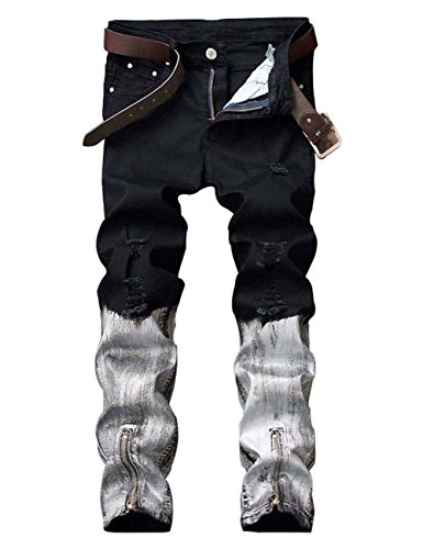 Men's Punk Style Ripped Slim Fit Paint Jeans with Bottom Zippers