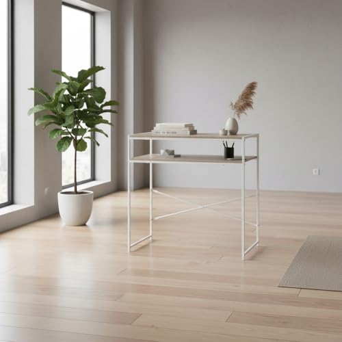 MOBLEKIT | Mesa Auxiliar Metal y Madera Blanca 77x40x75 cm, Escritorio con Estante Superior, Mesa Rectangular Funcional para Oficina, Salón o Dormitorio, Mueble Estable y Versátil para Hogar Moderno