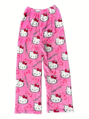 A98K Pyjama Damen lang Hose, Anime - Kätzchen Schlafanzug Hosen - Winter Flanell Lang Pyjamas Herbst Hose Damen Schlafhose, Bequeme Schlafanzughose Frauen Cartoon Casual (Rosa M)