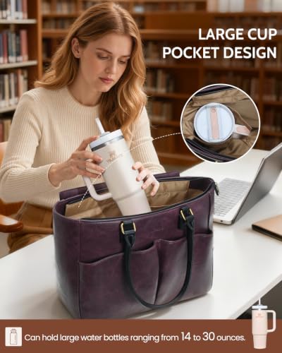 Image of Laptop Tote Bag for Women, Leather Work Tote with Padded Laptop Compartment, Cup Holder, Office Computer Briefcase