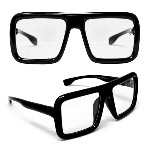 4E's Novelty Black Oversized Thick Glasses Clear Lens Non Prescription Square Frame, Fake Huge Fashion Eyeglasses for Vector Velma Costume Adults Women & Men, Halloween Nerd Costume Accessories
