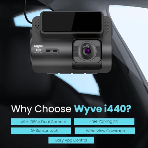 Image of Wyve i440 4K Dual Dashcam Front True 4K + Rear 1080p, Built-in GPS, WiFi, Mic, Free Parking Kit,2.0 inch IPS Display, 170 Wide Angle, App,G-Sensor,Novatek High Performance Chipset, Supports 256GB(2026)